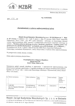 wg. rozdzielnika Zawiadomienie 0 wyborze naikorzvstnieiszei oferty