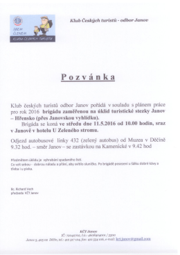 Pozvánka KČT – brigáda na úklid stezky