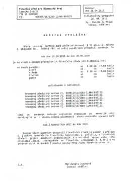 Veřejná vyhláška - Daň z nemovitých věcí na rok 2016