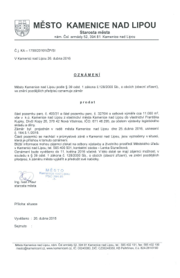 Oznámení záměru prodat - Město Kamenice nad Lipou