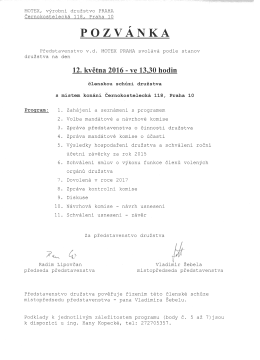 Člensk&aacute; schůze dne 12.05.2016 - MOTEX, v&yacute;robn&iacute; družstvo Praha