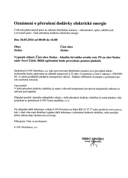 OZNÁMENÍ O PŘERUŠENÍ DODÁVKY EE 20.5.2016 OBEC STOŽEC