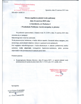 Ocena cząstkowa jakości pobranej wody w Przedszkolu