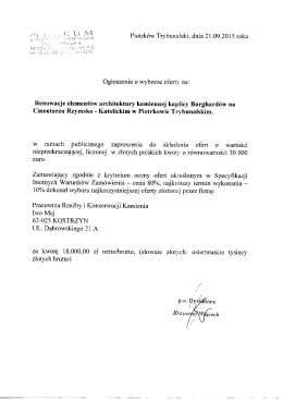Piotrkow Trybunalski, dnia 21.09.2015 roku Ogloszenie o wyborze