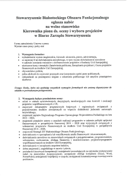 Ogłoszenie o naborze na stanowisko: Kierownik pionu ds. oceny i