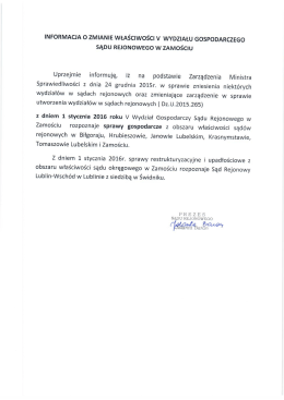 Informacja o zmianie właściwości V Wydziału Gospodarczego Sądu