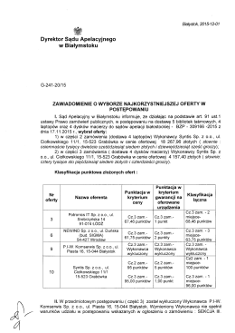 ZAWIADOMIENIE o WYBORZE NAJKORZYSTNIEJSZEJ OFERTY w