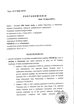 e) Postanowienie z dnia 14 lipca 2015 roku o sprzedaży jako całość