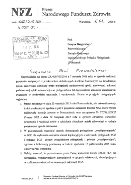 Pismo Prezesa Narodowego Funduszu Zdrowia w sprawie realizacji