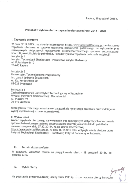 Radom, 19 grudzień 2015 r. Protok&oacute;ł z wyboru ofert w zapytaniu