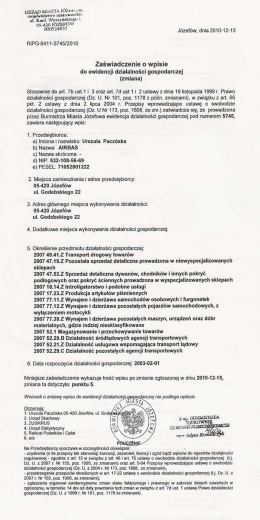 Zaświadczenie o działalności gospodarczej