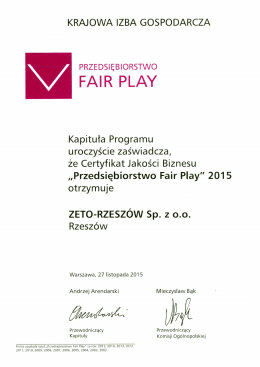 Certyfikat Fair Play 2015 - ZETO