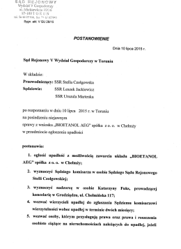 Postanowienie o upadłości układowej w