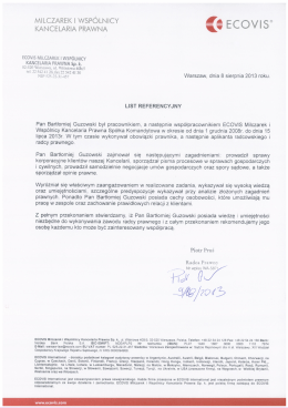 Referencje ECOVIS - Kancelaria Prawna Bartłomiej Guzowski