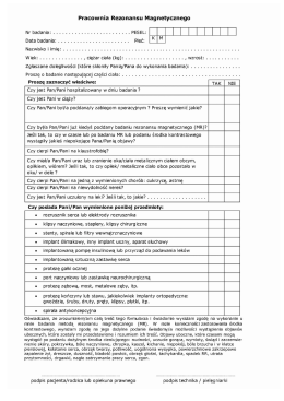 Ankieta dla pacjenta przed badaniem rezonansu - Euro