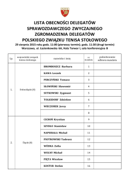 lista obecności delegatów - Polski Związek Tenisa Stołowego