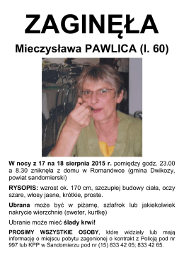 ogłoszenie -zaginiona Mieczysława Pawlica