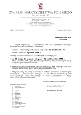 Pismo ZG ZNP dot. terminów składania wniosków na odznaczenia w