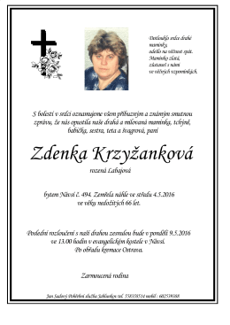 Zdenka Krzyžanková - Jan Sadový,Pohřební služba, Jablunkov
