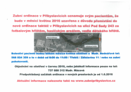 Oznámení zubní ordinace Přibyslav