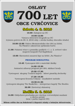 Pozvánka na oslavy 700 let obce Cvrčovice