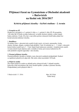 Kritéria přijímacího řízení pro 1. ročník školního roku 2016/2017
