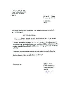 Dočasn&aacute; změna hodin pro veřejnost Česk&eacute; po&scaron;ty, s.p. Doln&iacute; Město