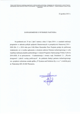 22 grudnia 2015 r. ZAWIADOMIENIE O WYBORZE PARTNERA