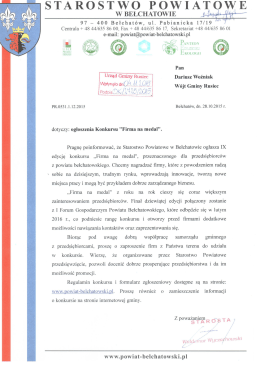 Pismo Starostwa Powiatowego w Bełchatowie dotyczące ogłoszenia