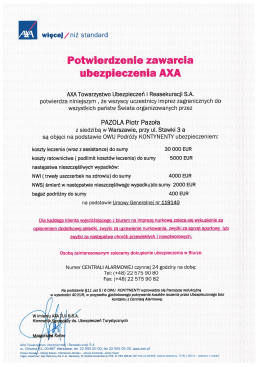Potwierdzenie zawarcia ubezpieczenia AXA TRAVEL KL 30 000