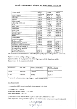 Cennik opłat za zajęcia sekcyjne w roku szkolnym 2015/2016