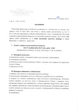 Ogłoszenie konkursu na wolne stanowisko asystenta sędziego z