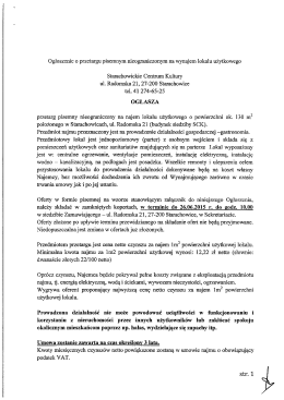 Ogłoszenie o przetargu pisemnym nieograniczonym na wynajem