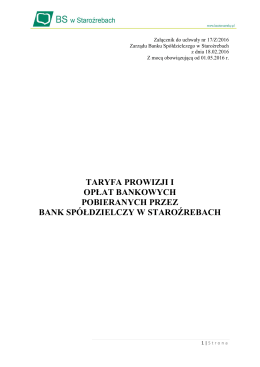 Bank Spółdzielczy w Staroźrebach TARYFA prowizji i opłat