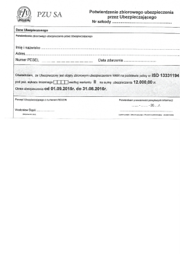 Potwierdzenie zbiorowego ubezpieczenia x Ă PZU SA przez