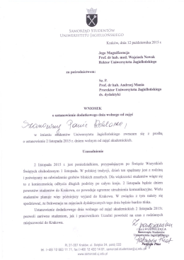 Wniosek Samorządu Studentów UJ o godziny rektorskie