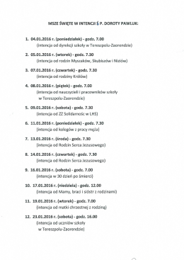 MSZE ŚWIĘTE W INTENCJI Ś P. DOROTY PAWŁUK: . 04.01.2016 r