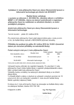 Vyhl&aacute;&scaron;en&iacute; 2. kola přij&iacute;mac&iacute;ho ř&iacute;zen&iacute; pro obory Ekonomick&eacute; lyceum a