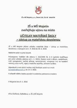 Výzva na učitelky MŠ Majetín