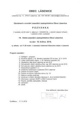 19. ř&aacute;dn&eacute; zased&aacute;n&iacute; Zastupitelstva obce L&aacute;senice dne 18. května 2