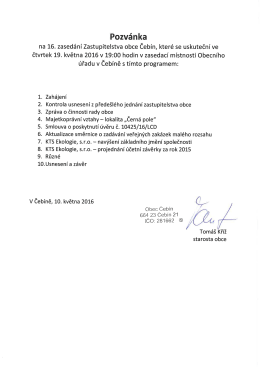 Pozvánka na 16. zasedání ZO - 19. 5. 2016
