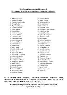 Lista kandydatów zakwalifikowanych do Gimnazjum nr 1 w Mosinie