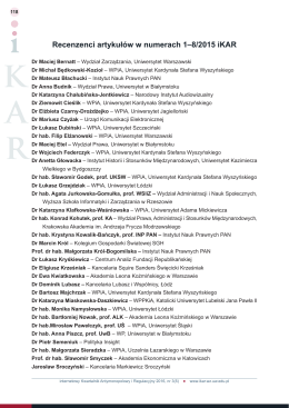 Recenzenci artykułów w numerach 1–8/2015 iKAR