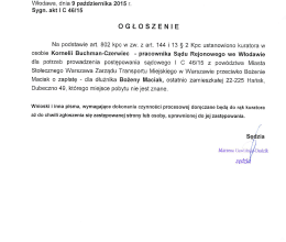 Ogłoszenia w sprawie sygn. akt I C 46/15