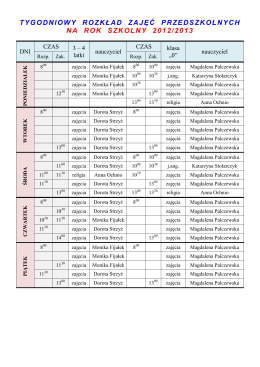 tygodniowy rozkład zajęć przedszkolnych na rok szkolny 2012/2013