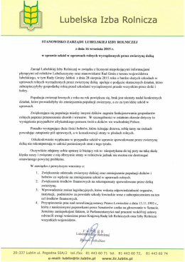 Stanowisko Zarządu Lubelskiej Izby Rolniczej z dnia 16.09.2015r. w