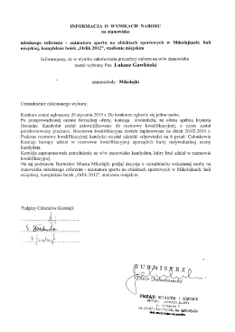 INFORMACJA O WYNIKACI`I NABORU na stanowisko