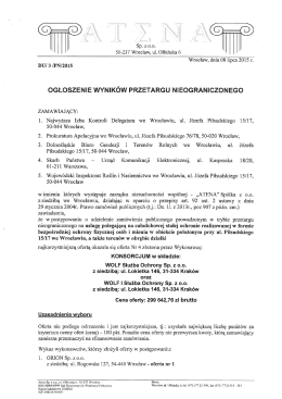 OGŁOSZENIE WYNIK&Oacute;W PRZETARGU NIEOGRANICZONEGO