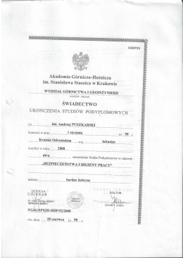 ŚWIADECTWo UKoŃczENIA sTUDIoW PoDYPLoMoWYcH