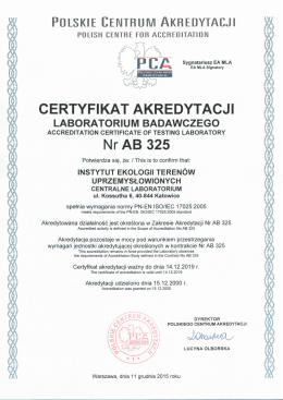 Certificate No AB 325 - Instytut Ekologii Teren&oacute;w Uprzemysłowionych